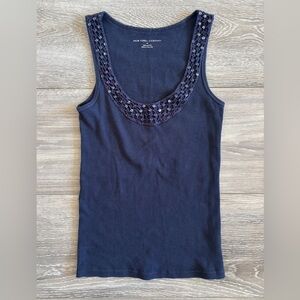 New York & Company Navy Sequin Trim Scoop Neck Ribbed Tank Top 100% Cotton XS